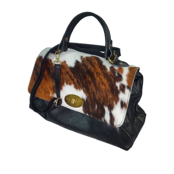 Charlie Leather Handbags - Genuine Charlie Leather Black with Fur Donatelia Large Handbag & Crossbody